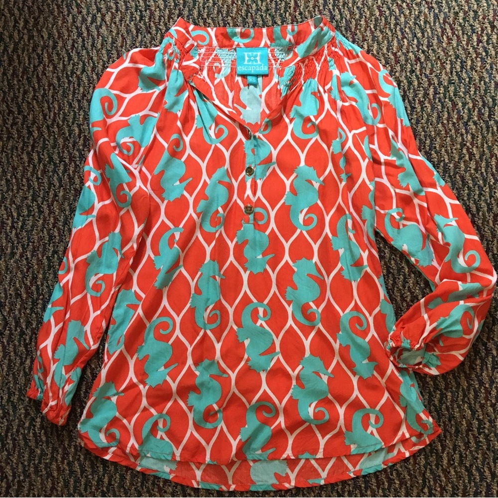 Escapada Seahorse Top Bright Colorful Beach Resortwear Coastal Grandma